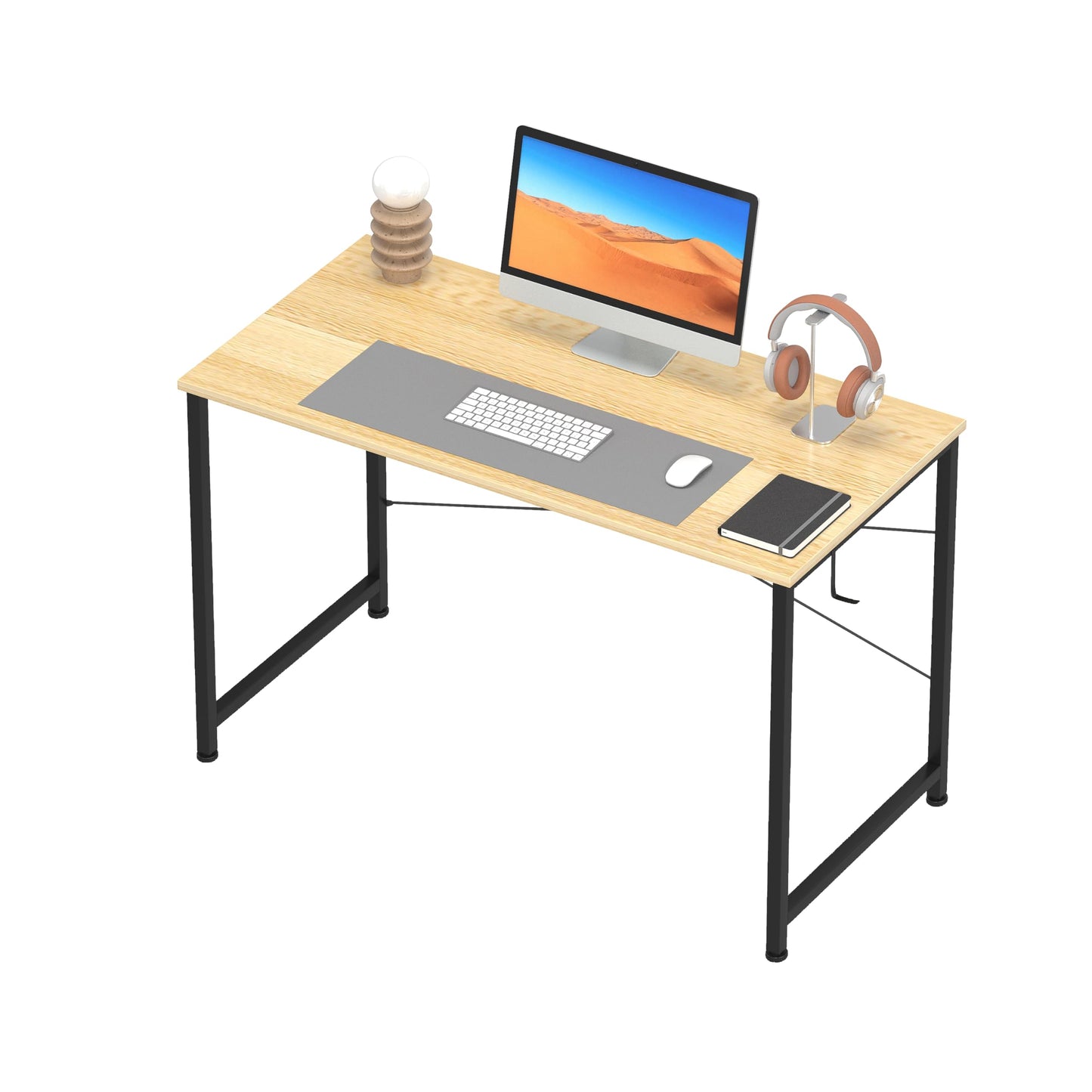 Flrrtenv 80cm Computer Desk, Gaming Desk with Sturdy Metal Frame and X-Shaped Design, Small Office Work Study Desk for Home, Natural