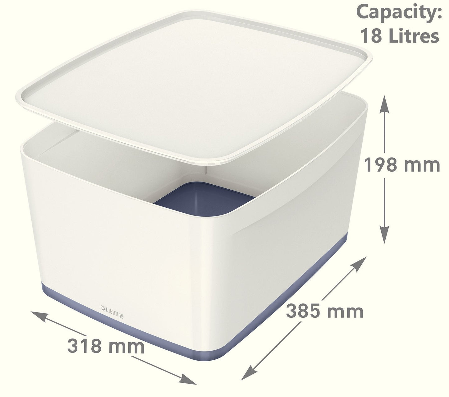 Leitz Large MyBox with Lid, Storage Box for Home and Office, High Gloss Plastic,18 Litre, A4, White/Grey
