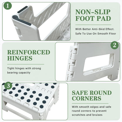 MASS DYNAMIC 9 Inch Folding Step Stool, Portable Plastic Footstool with Carry Handle, Non-Slip Top, Compact Collapsible Seat for Kitchen, Bathroom
