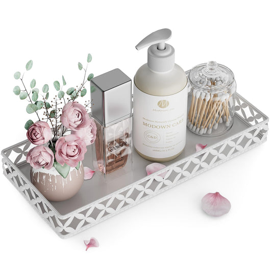 Bathroom Vanity Tray - Small Rectangle Decorative Tray - 11 Inch White Perfume Makeup Tray for Bathroom Counter