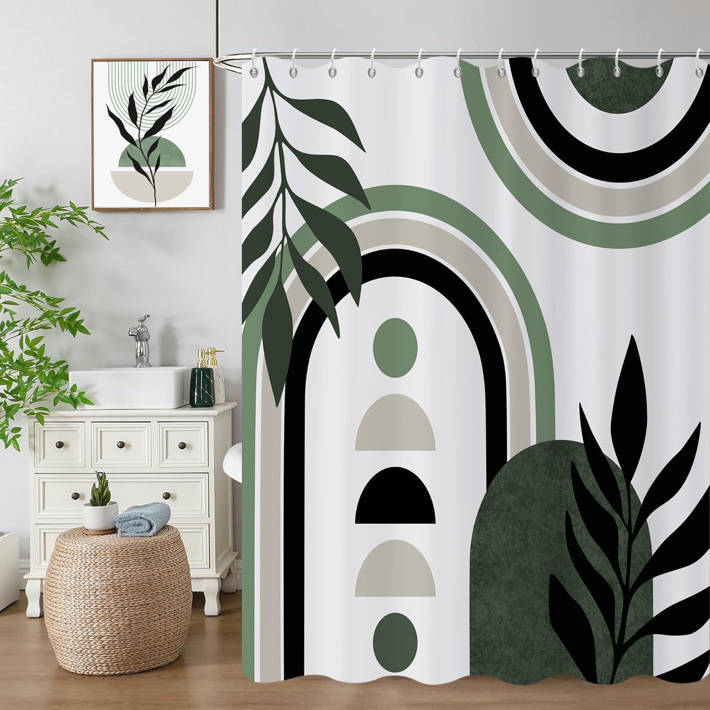GCIREC Shower Curtain, 180x200cm, Green White Mid Century Modern Abstract Art Boho Geometric Waterproof Fabric Machine Washable Bathroom Curtain with