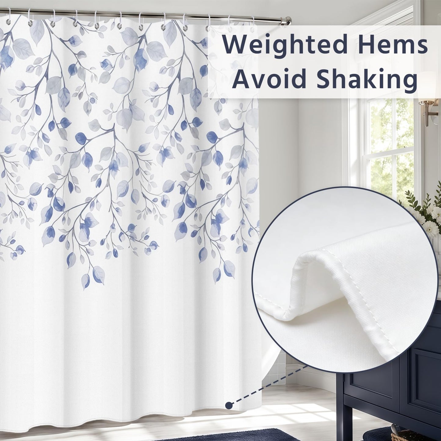 FAVORTALK Shower Curtains Washable Shower Curtain Mould Proof Resistant Waterproof Leaf 180x180cm Bathroom Curtains with Hooks Quick-Drying Polyester