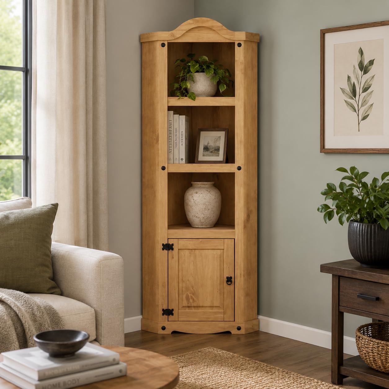 Corona Corner Display Unit Bookcase Cabinet Mexican Solid Pine with Wax Finish Black Metal Hardware W74 x D37 x H188 cm