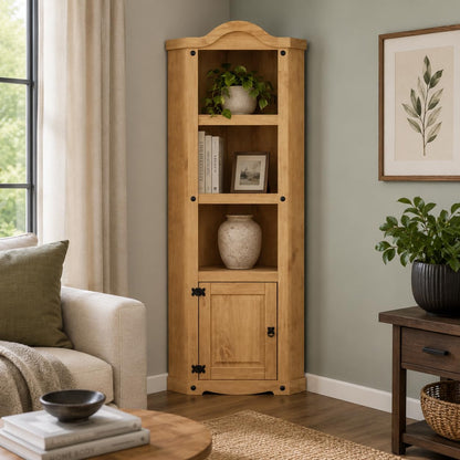 Corona Corner Display Unit Bookcase Cabinet Mexican Solid Pine with Wax Finish Black Metal Hardware W74 x D37 x H188 cm