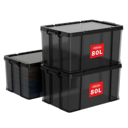 Cetomo 80L*3 Storage Boxes, Stackable Storage Box with Lids, Heavy-Duty Lidded Container with Reinforced Corners, Vertical Sides and Clip Closure,