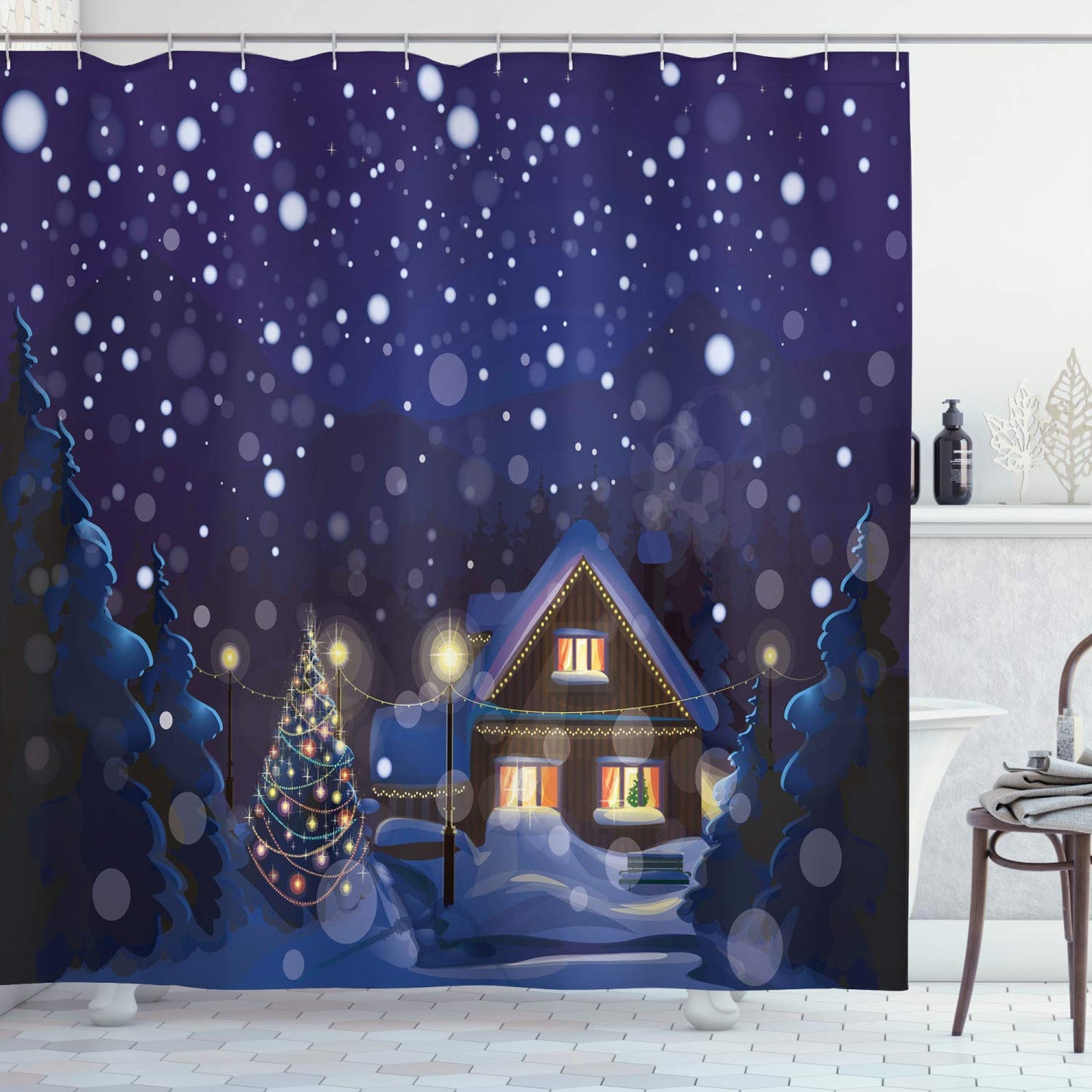 ABAKUHAUS Christmas Shower Curtain, Winter Night Country Landscape with Little House Among Pine Trees and Snow, Cloth Fabric Bathroom Decor Set with