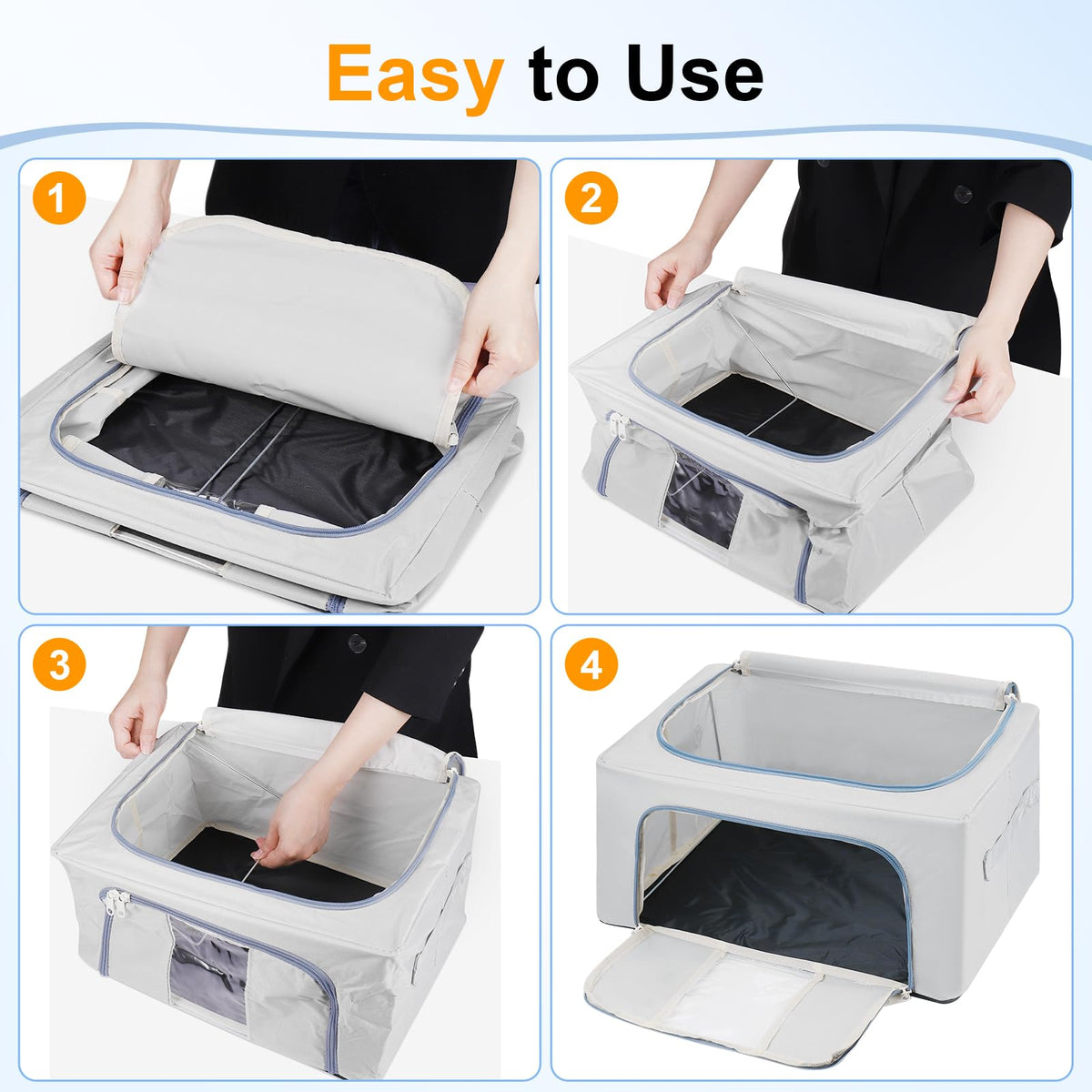 Hejo 3 Pack 24L Clothes Storage Boxes with Steel Frame,Foldable Storage Box