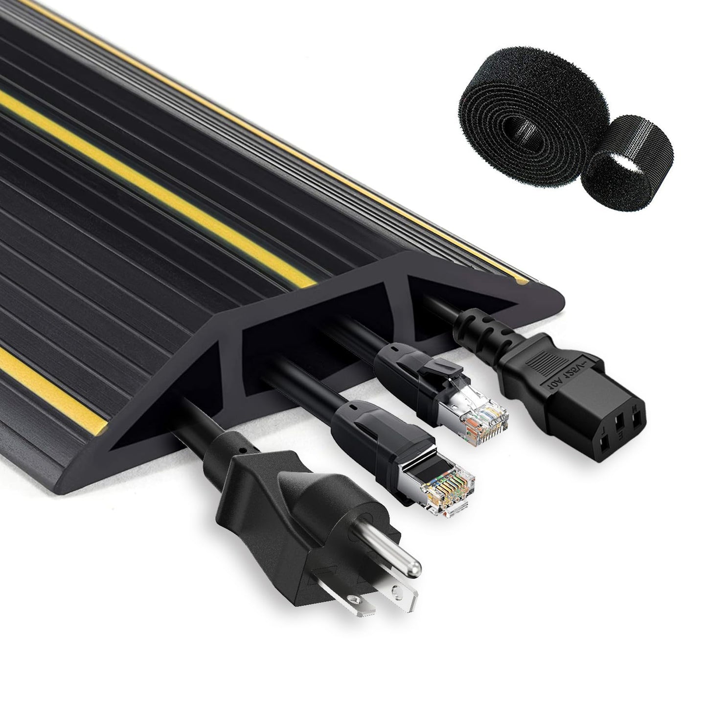 Cable Cover Floor, 10 Ft (3 M) Heavy Duty Cable Floor Protector 3 Cord Channels, with Fastening Wire Organizer?Flexible Cuttable Wire Hider Kit Ideal