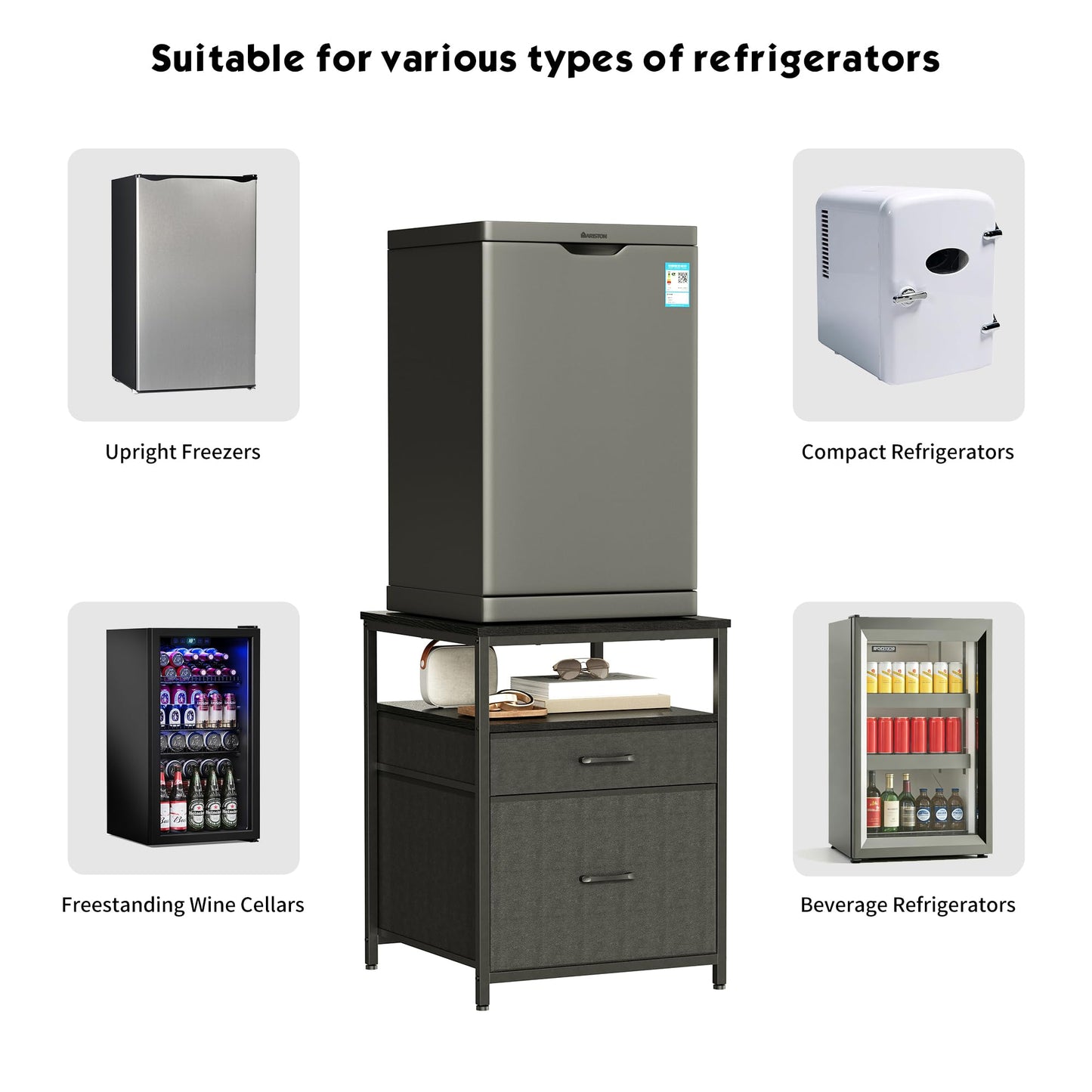 Herture Mini Fridge Stand with 3 Storage, Mini Fridge Cabinet, Beverage Fridge Table, Heavy Duty 55.2cm L * 57.68cm W Tabletop, for Dorm