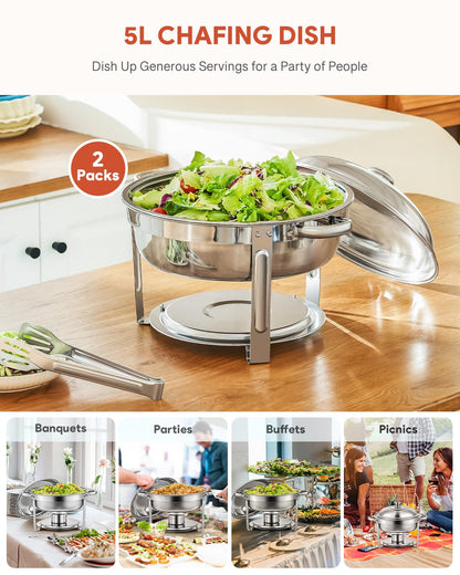 Wilprep Chafing Dish Buffet Set, 2 Pack 5L Stainless Steel Round Chafing Dishs Set,Food Warmer Kit with Lids and Food Pans for Restaurant Catering