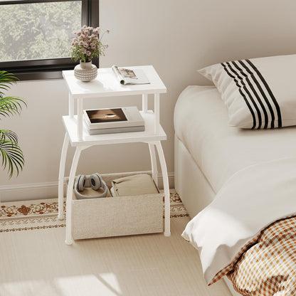 HOOBRO Narrow Side Table, 3-Tier Small Table with Linen Storage Basket, Sofa Side Tables for Small Space