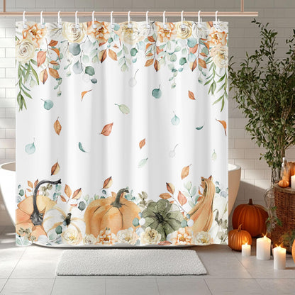 Avezano Autumn Pumpkin Curtain Fall Leaves Harvest Thanksgiving Pumpkin Bathroom Shower Curtain Waterproof Bathtub Curtain Decor with 12 Hooks 72 X