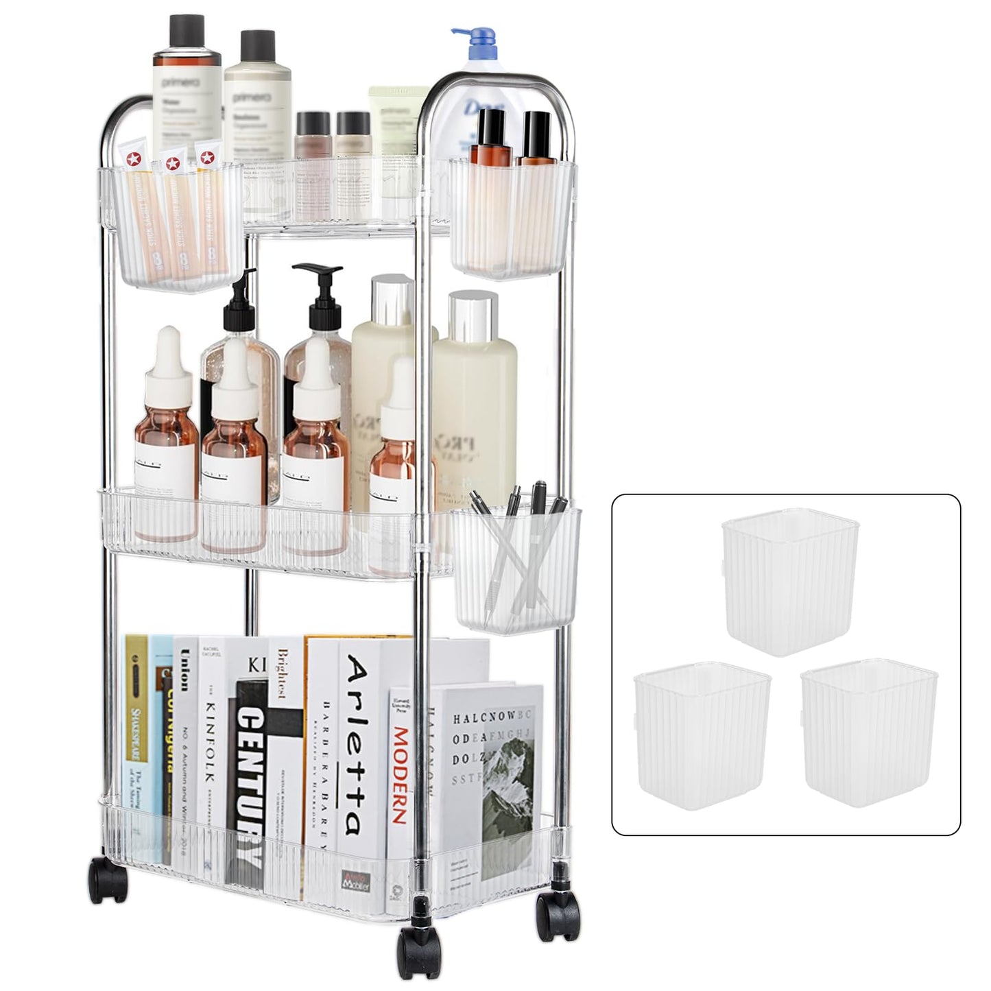 Speclux 3-Tier Clear Acrylic Rolling Storage Trolley on Wheels with Bonus Hanging Cups, Lockable Wheels & Handle