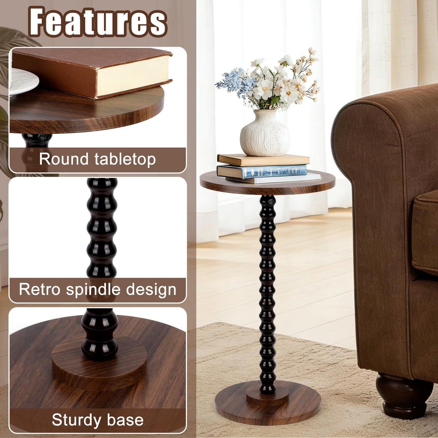 Penitue Small Round Side Coffee Table, Sturdy Wooden Round End Drink Tables Vintage Small Spaces
