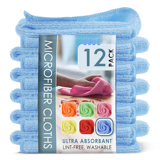 Hearth & Harbor Microfiber Cleaning Cloth, Microfiber Towels for Cars 12 Pack Washcloths, Blue Cleaning Rags, Reusable Microfiber Towel, Microfiber