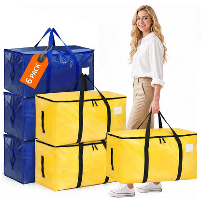 6 Pack Large Storage Bags and Moving Bags - 90L Heavy Duty Packing Bags Alternative to Moving Boxes, Reinforced Handles & Dual Zips