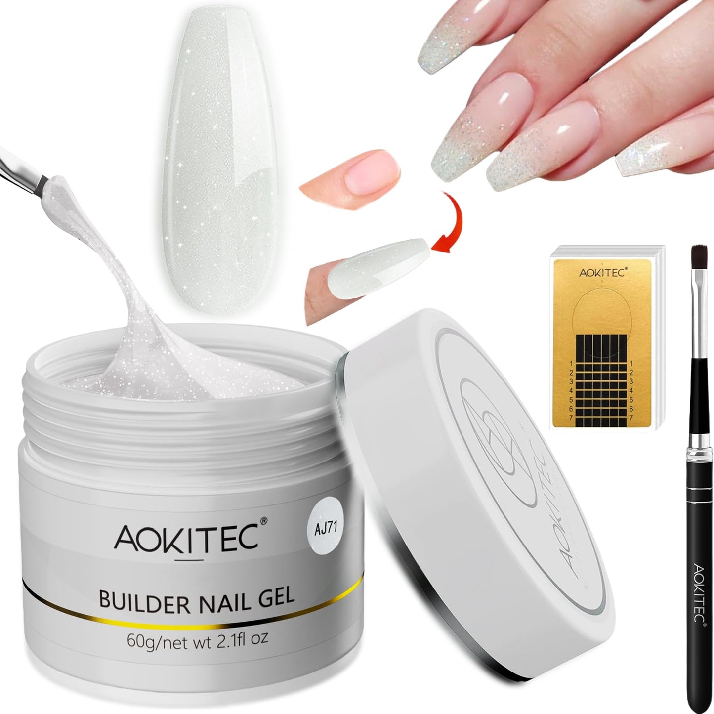 Aokitec Builder Gel for Nails - 60g White Glitter UV Hard Gel for Nails with 100pcs Nail Forms & Brush for Broken Nail Repair & Strengthen Extension,