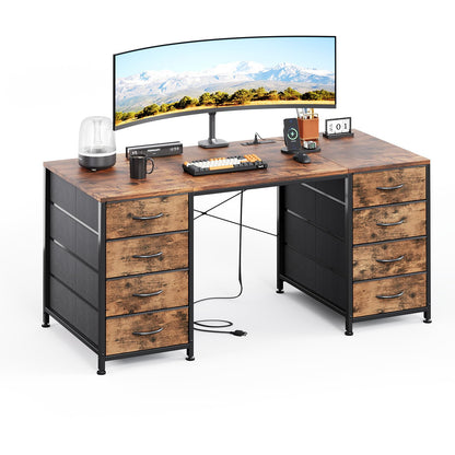 MUTUN 120cm Computer Desk with 8 Drawers, Home Office Desk with Power Outlets, Modern Table with Large Storage for Writing, Study, Rustic Brown