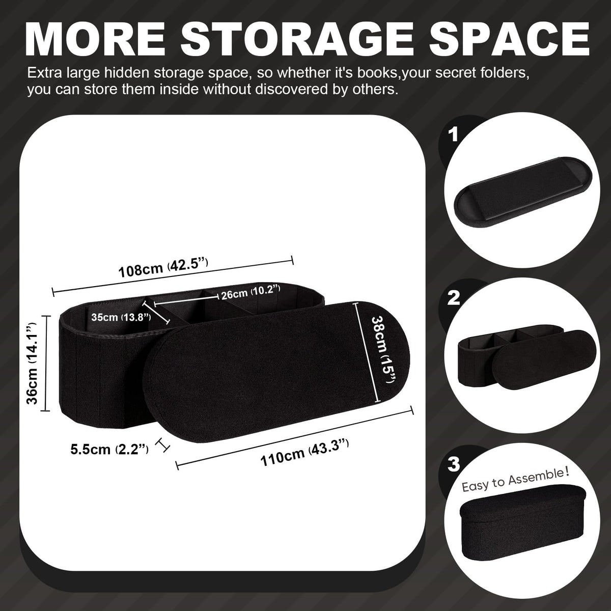 PINPLUS Foldable Oval Ottoman Storage Bench, Black, 110x38x38 cm