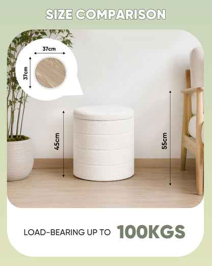 Bonlife Boucle Ottoman Storage, Foot Rest Stool Seat, Folding Footstool for Living Room, Sherpa Ottoman for Bedroom, Cream, 37x37x45 cm