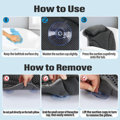 Bath Pillow 4D Ergonomic Bath Pillow Neck and Back Support Bath Cushion Air Mesh Technology Bath Headrest Pillow Bath Pillows with 6 Strong Suction