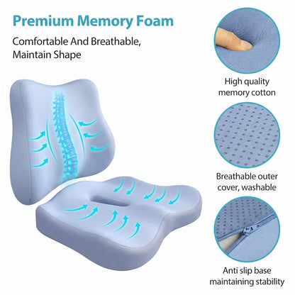 Seat Cushion and Lumbar Support - Memory Foam Chair Cushion and Back Support for Tailbone & Back Pain Relief Ergonomic Coccyx Cushion for Home Office