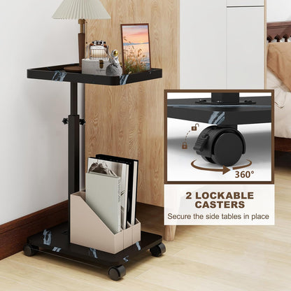 YYW Adjustable C Shaped Side Table with Wheels for Sofa, Marble Black White