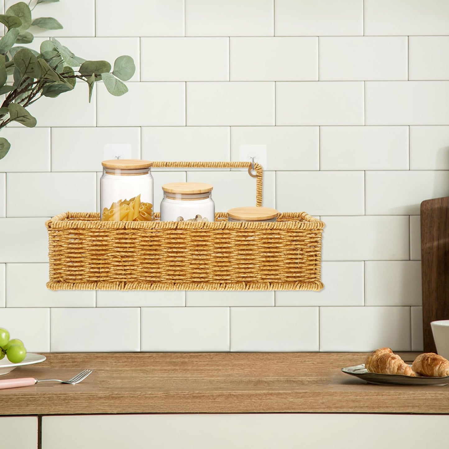MUCKLILY Imitation Rattan Woven Storage Basket with Handle and Adhesive Hook Bathroom and Kitchen Organizer Space-Saving Single-Layer Design for
