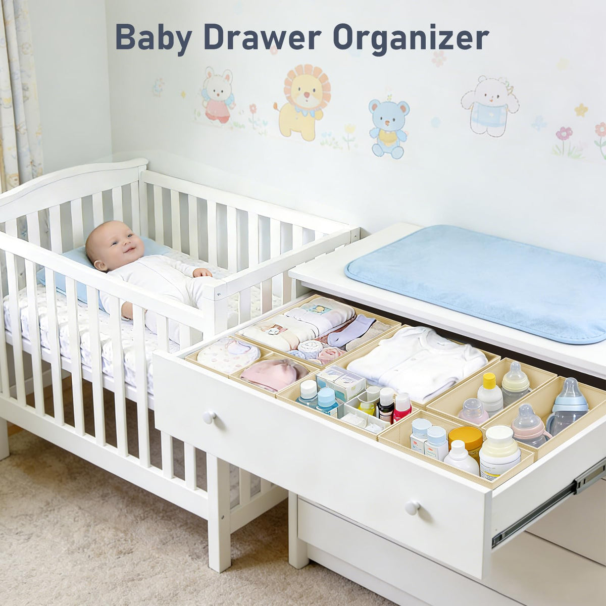 DIMJ 24 Pack Bedroom Drawer Organizer Clothes Newborn Essentials, Beige