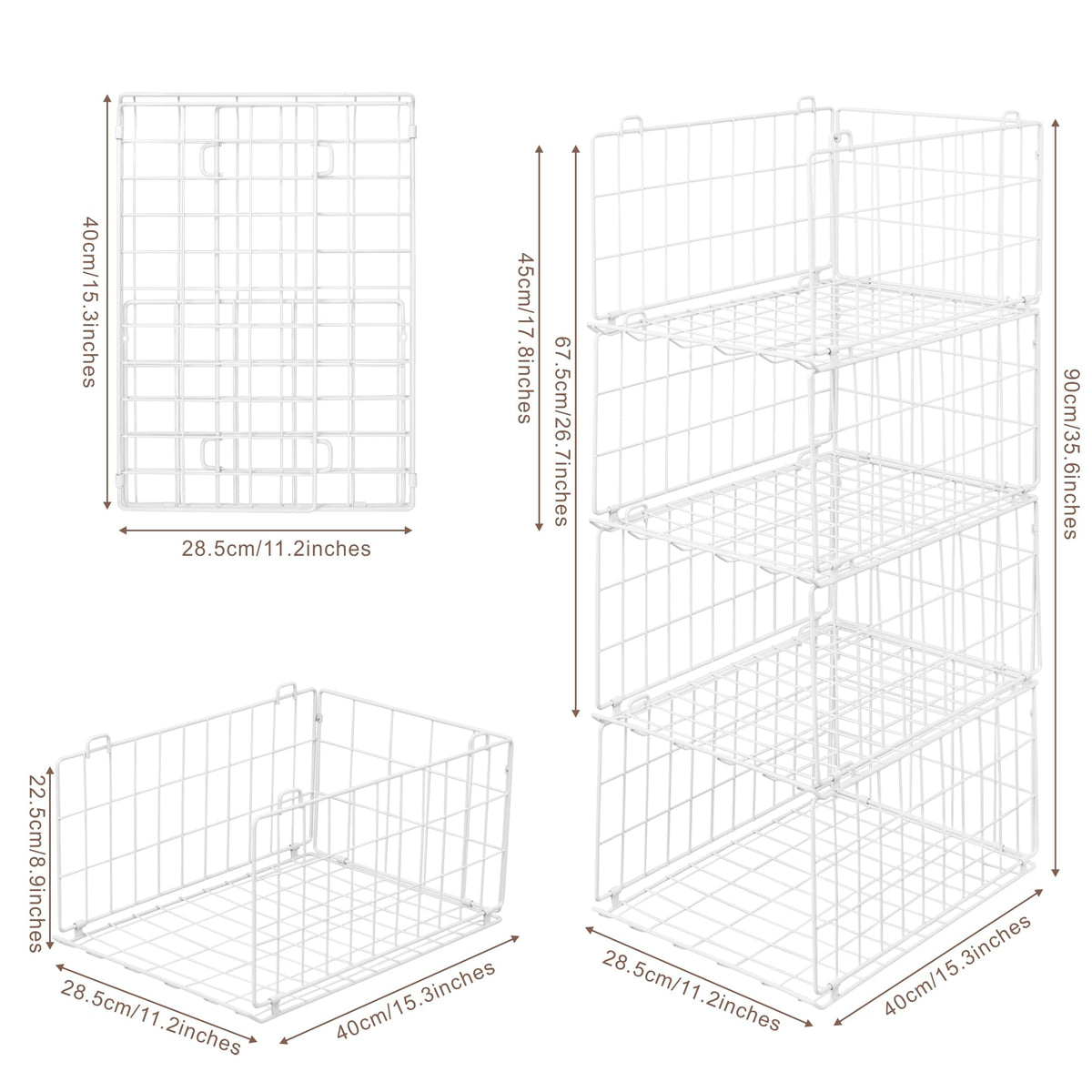 QIWODE Stackable Wardrobe Storage Organiser, Set of 4 Metal Wire Clothes Storage Baskets, Closet Organiser & Shelf Baskets for Bedroom, Pantry