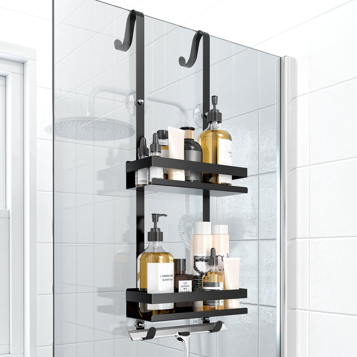 Laimew Shower Caddy Hanging, 2 Tier Shower Storage Over Door, Shower Accessories, Rustproof Shower Organiser Bathroom Storage, No Drilling