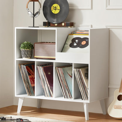 LELELINKY Large Vinyl Record Stand with 4 Shelves, Retro Style Turntable Stand for Up to 300 Albums, Record Player Stand with Shelf and Open Display