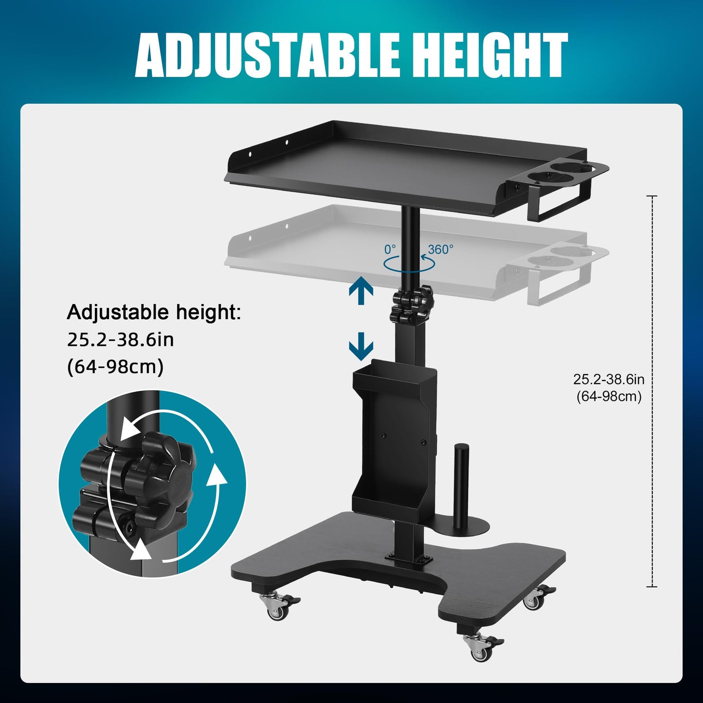 POARMEEY Tattoo Tray on Wheels Tattoo Cart with Rolling Tray Tattoo Table Station Adjustable Height and Multifunctional Storage for Tattoo Artist