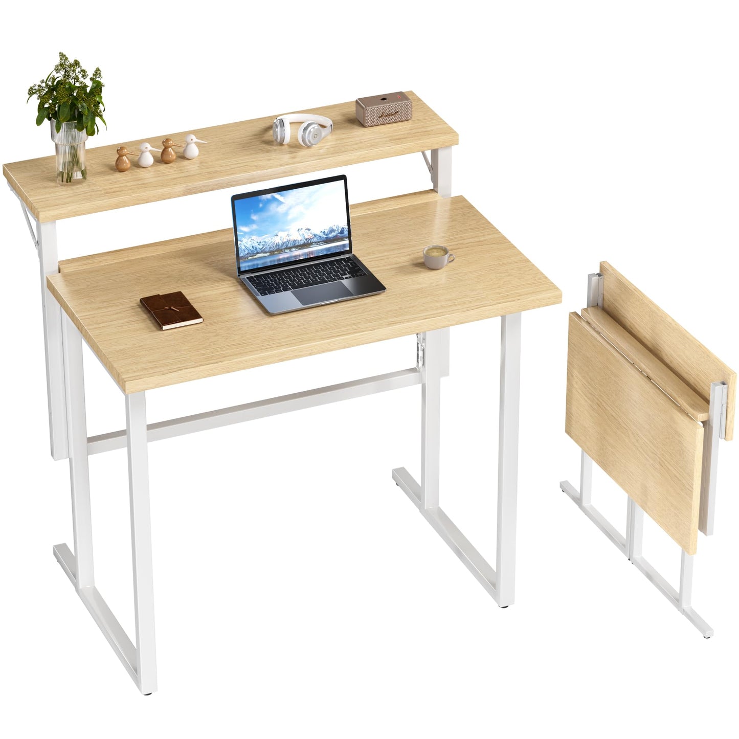 JUMMICO Folding Desk,Small Foldable Desk with Monitor Shelf, 2-Tier Folding Table for Home, Office, School, Computer Desk for Small Space, Beige