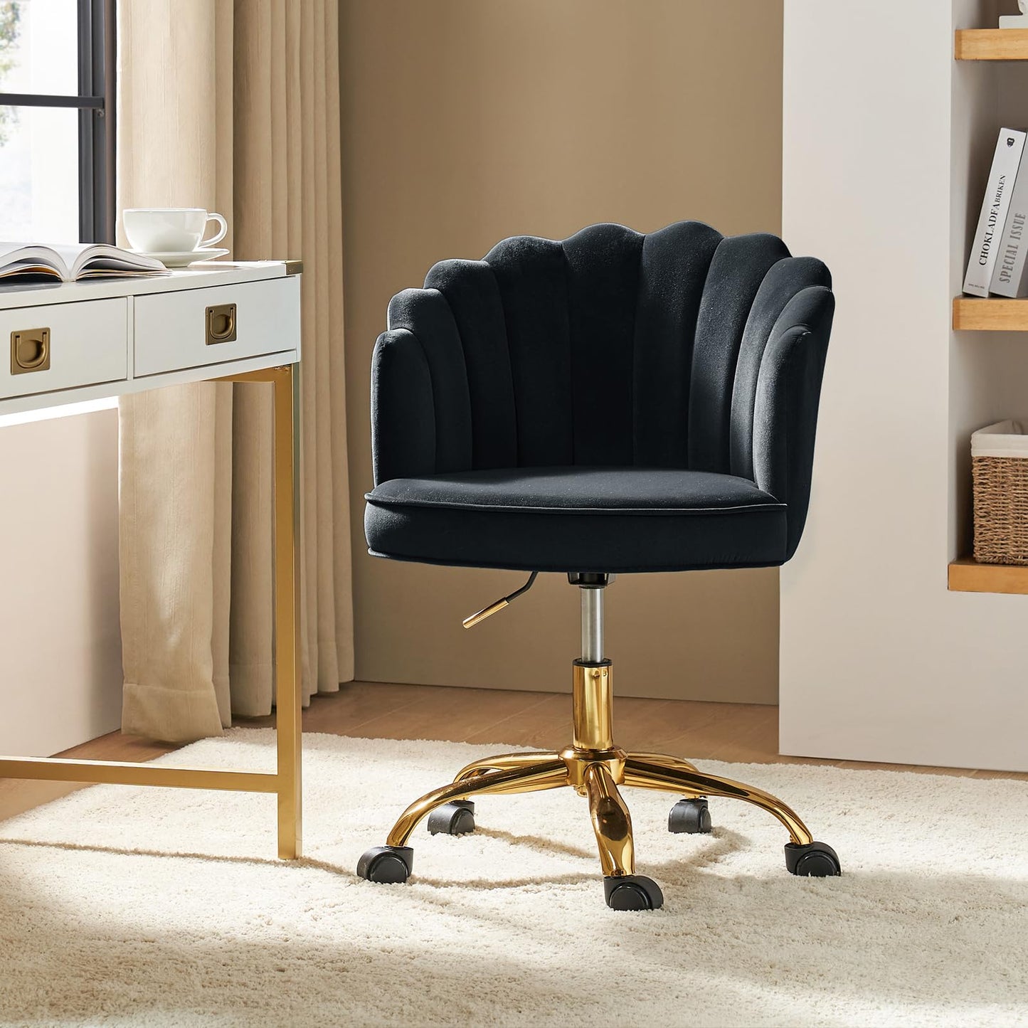 HULALA HOME Swivel Desk Chair with Gold Base and Scalloped Backrest, Black