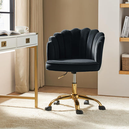 HULALA HOME Swivel Desk Chair with Gold Base and Scalloped Backrest, Black