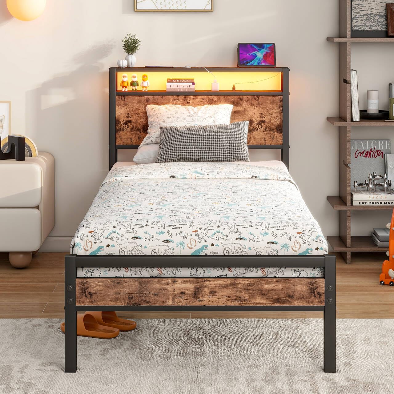 BORPHOM Single Bed Frame with Storage Wood Headboard Shelf,LED Lights,3ft Metal Bed Frame Single Bed with Charging Station,No Box Spring Needed,Strong