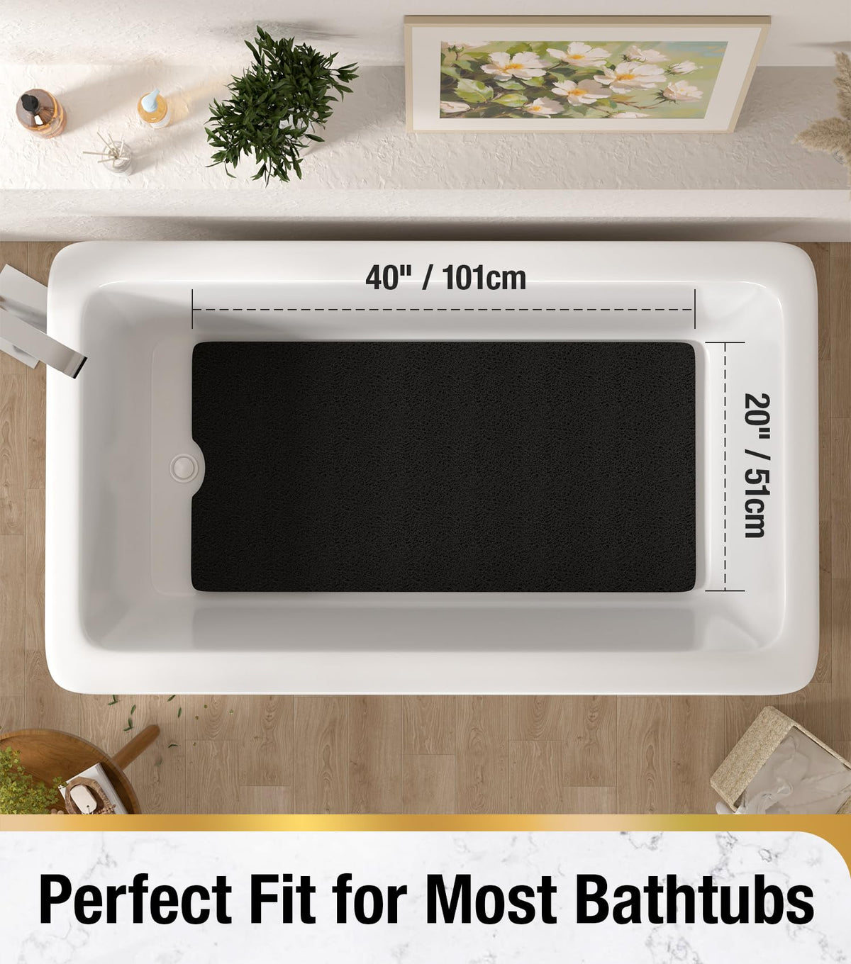 HITSLAM Non Slip Bath Mat 101x51 cm, Shower Mats for Inside Shower, Black