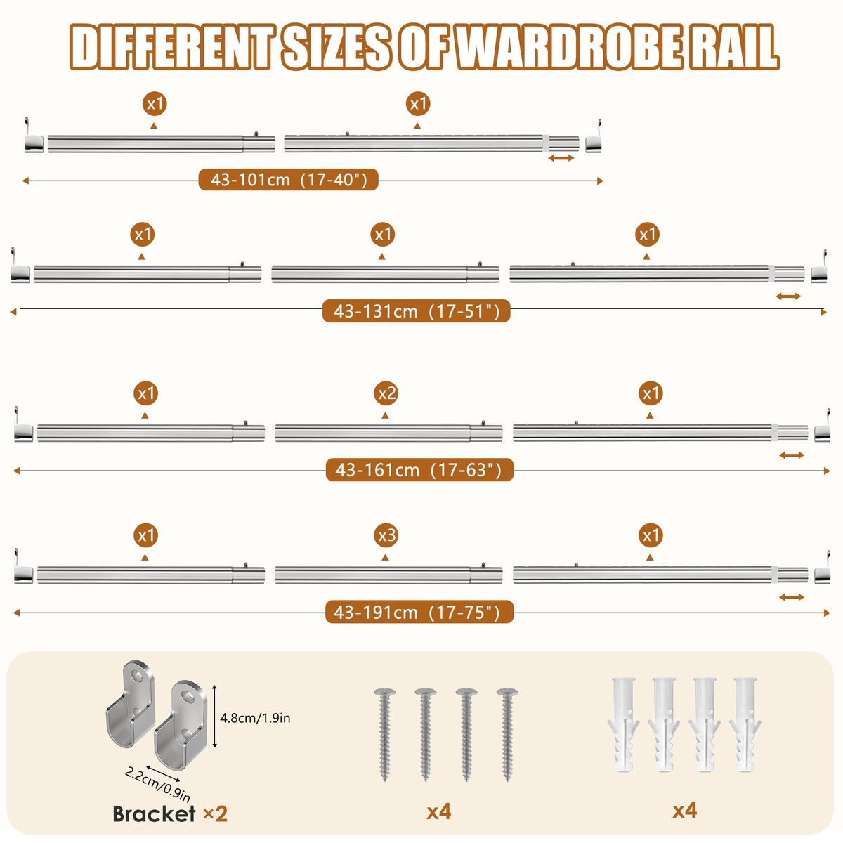 Poskena 25mm Oval Silver Hanging Rail,Premium Wardrobe Pole 43-191cm