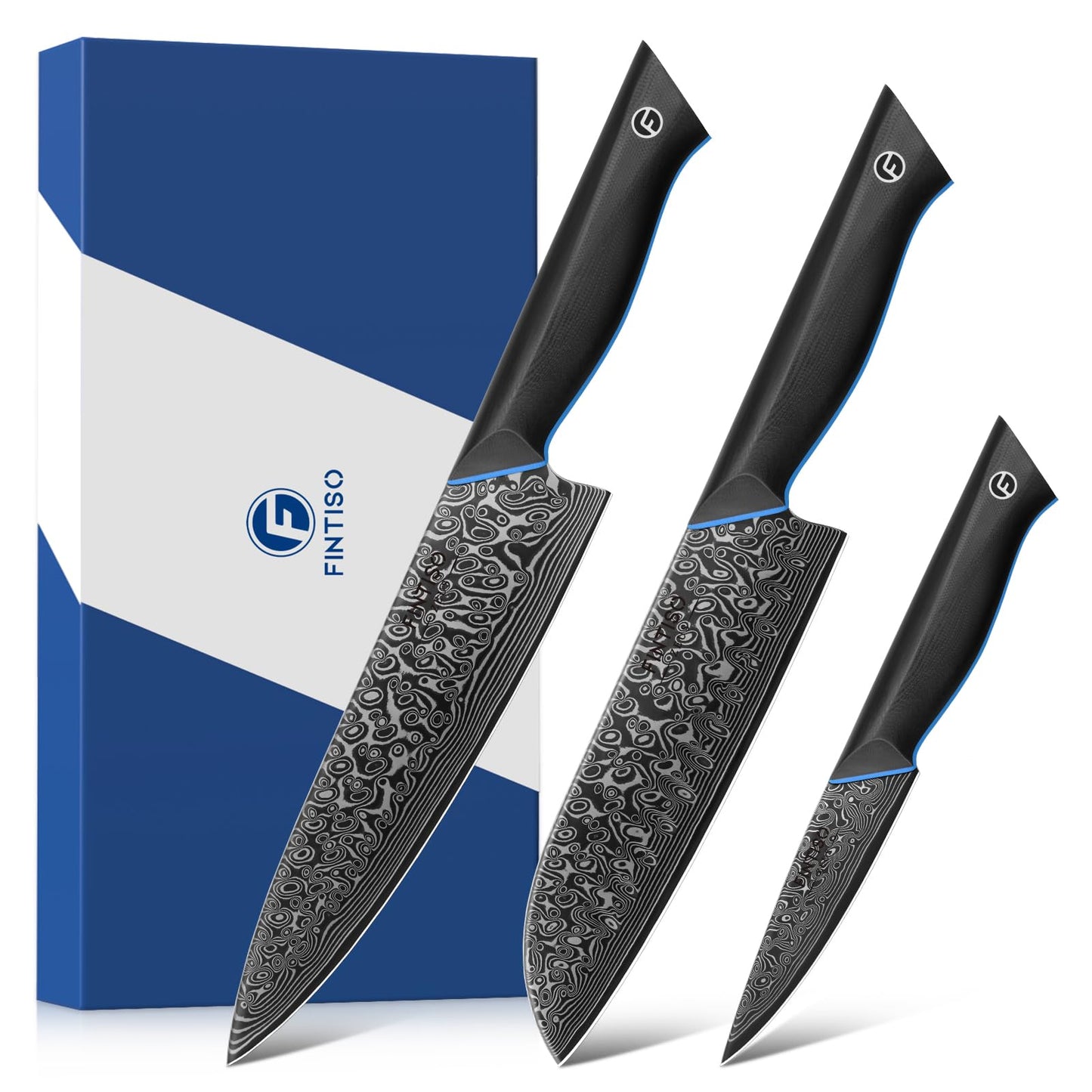 FINTISO 3-Piece Damascus Kitchen Knife Set, Chef Knife Sets Forged of 67-Layer Japanese Damascus Steel, Japanese Knives Set with Full Tang G10 Handle,