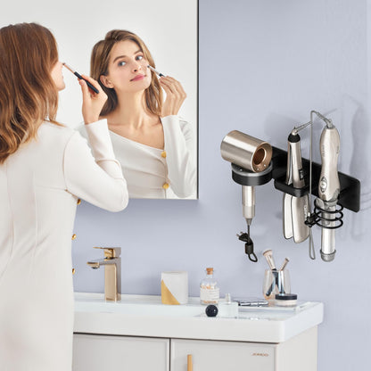 Hairdryer wall rack – bracket with cable tray, drilled and non-drilled mounting, rustproof bathroom organizer for hairdryer and styling tools
