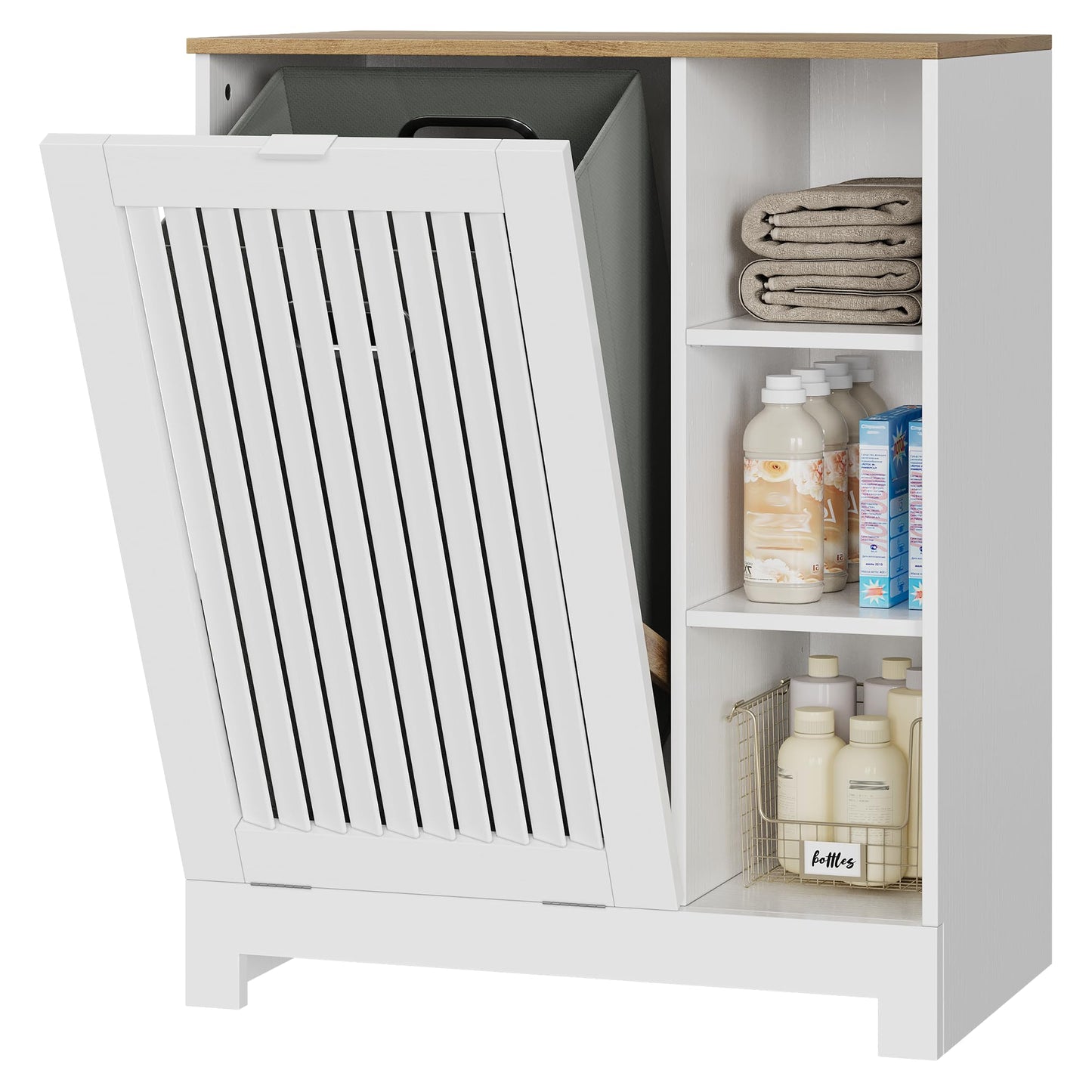 Smart FENDEE Tilt Out Laundry Hamper Cabinet with Louvered Door and Side Shelf, Bathroom Storage Cabinet with Removable Clothes Bin, 60 x 37 x 75 cm