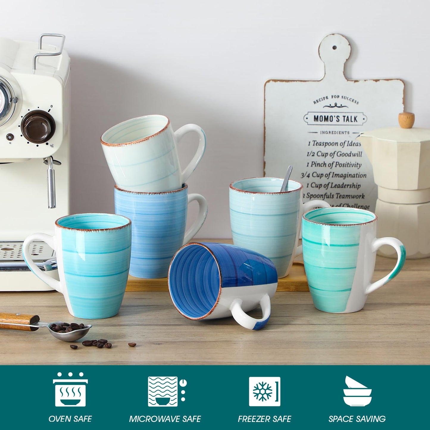 vancasso Bonita Large Mugs Set of 6, 500ml Stoneware Coffee Cup and Mug, Microwave & Dishwasher Safe Tea Cups, Mugs for Hot Drinks, Cool Color