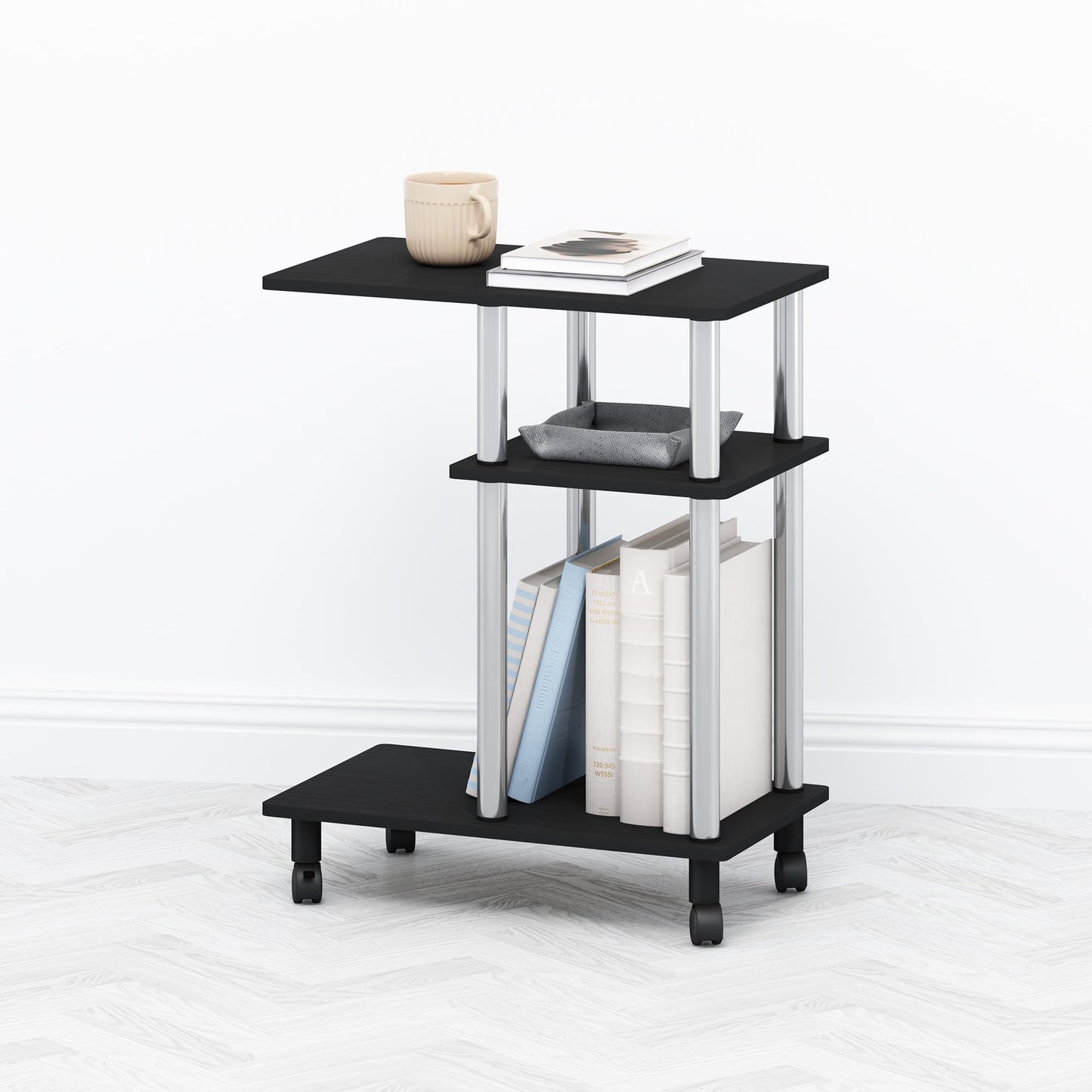 Furinno TOMI Side Table, 3-Tier C-Shape Open Shelf End Table with Wheels, Night Stand, Bedside Table, Toolless Assembly, for Living Room, Bedroom