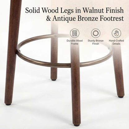 younturn Set of 2 Linen Bar Stools, 68cm Counter Height Upholstered Kitchen Bar Chairs with Solid Wood Legs