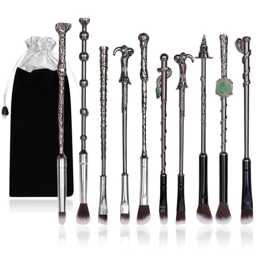 10Pcs Wizard Makeup Brushes Set,3D Silver Handle Metal Wand with Theme Bag,Anime Cosmetic Brushes for Powder Eyeshadow Lips Eyeliner,Portable Makeup