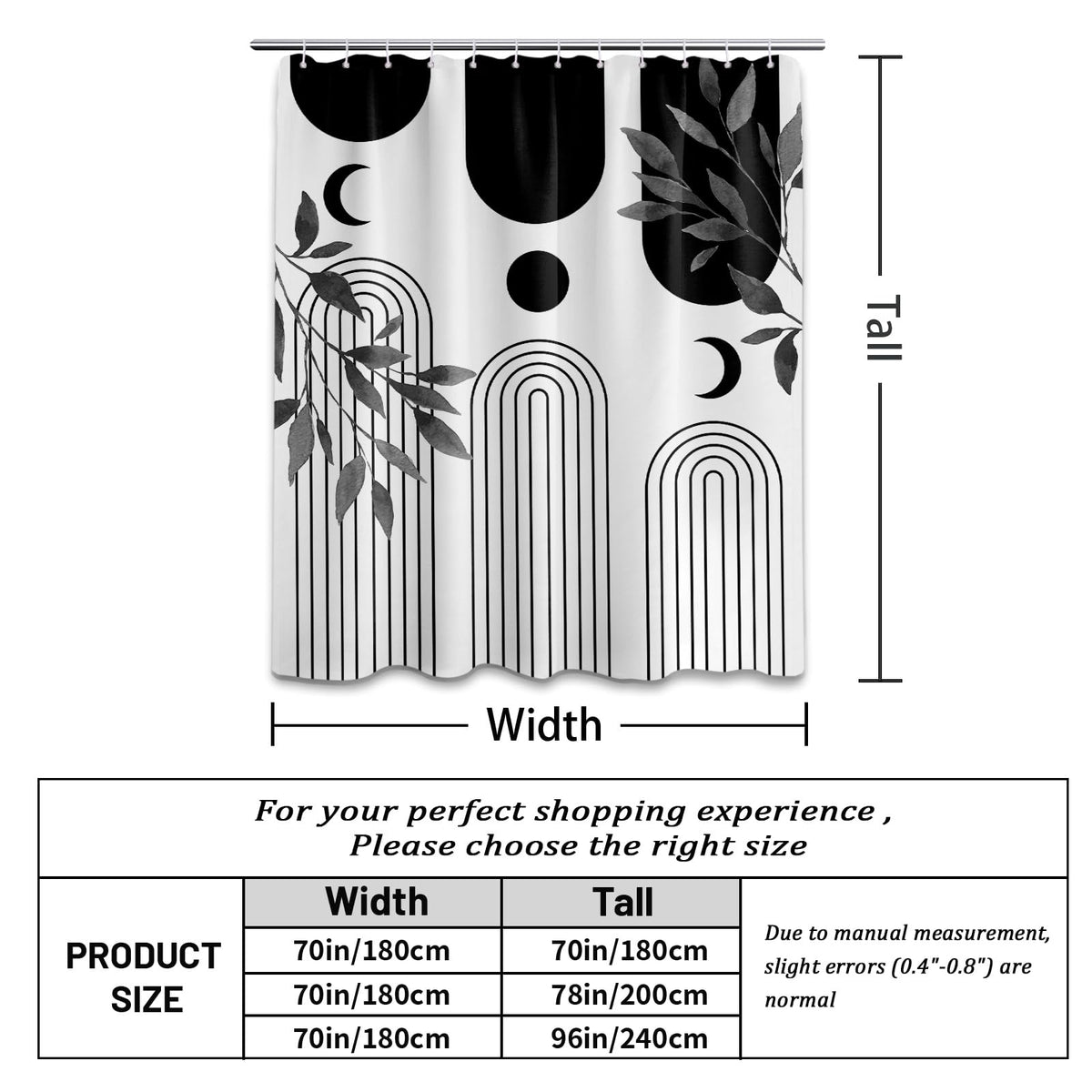 LanZanthic Black and White Shower Curtains for Bathroom Boho Mid Century Modern Leavesl Wet Room Shower Curtain with hooks, Mould Proof Resistant
