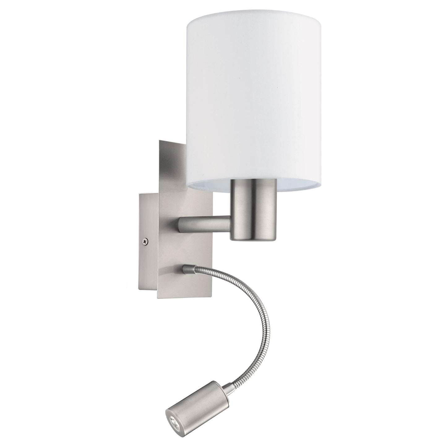 Eglo Pasteri LED Wall Light, Nickel Matt Steel and White Fabric Wall Lamp, E27 Socket, incl. Switch and Flexible Reading Lighting