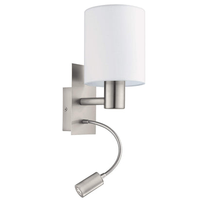 Eglo Pasteri LED Wall Light, Nickel Matt Steel and White Fabric Wall Lamp, E27 Socket, incl. Switch and Flexible Reading Lighting