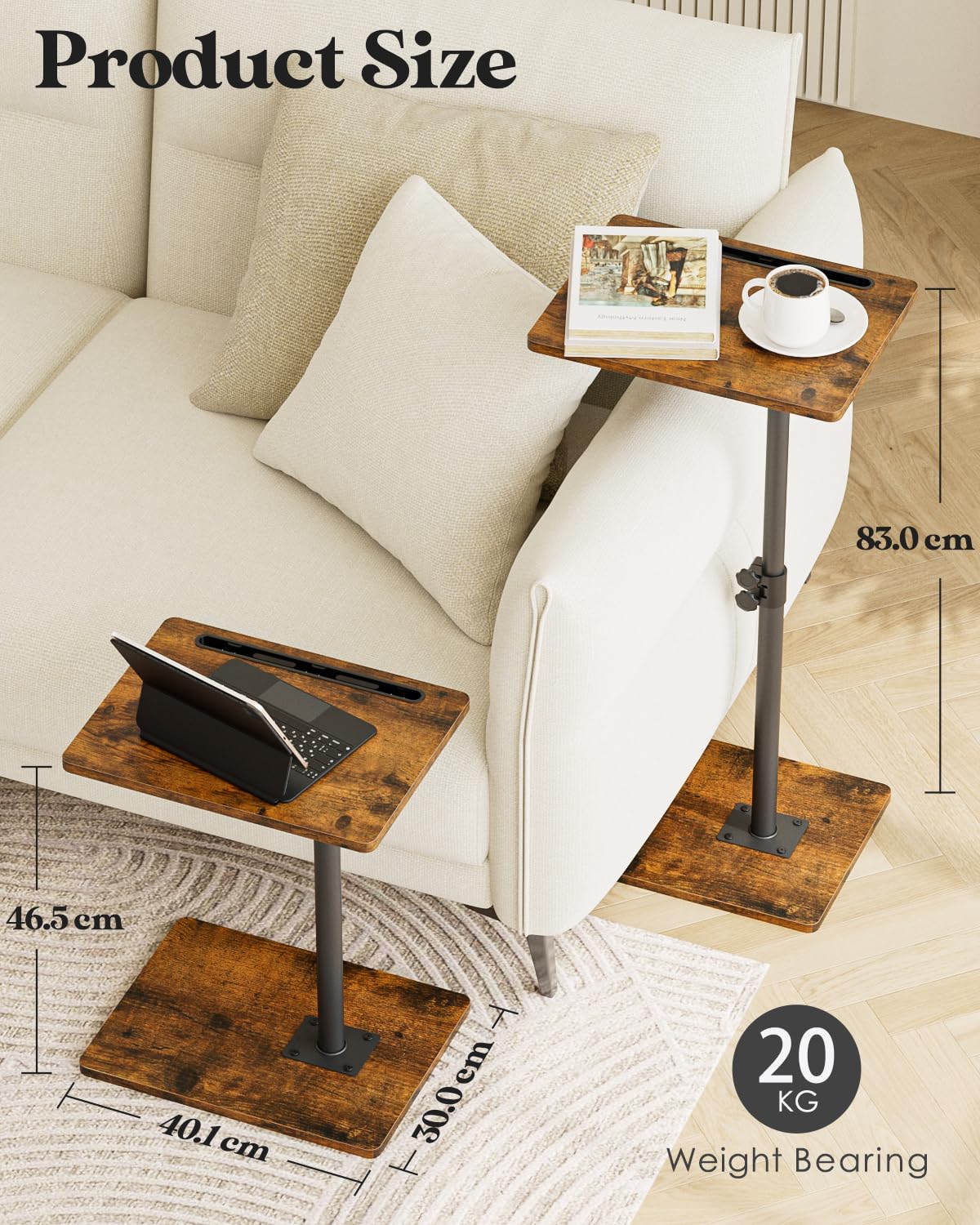 Apetaccat Side Table, C-Shaped Adjustable Sofa Table, 360°Swivel Coffee Tables,40x30x(45-83) cm,Small End Tables Bedside for Living Room
